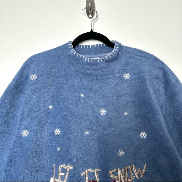 Vintage Cottagecore Snowman Embroidered Winter Fleece Mock Neck Sweater Cozycore - Picture 2 of 11